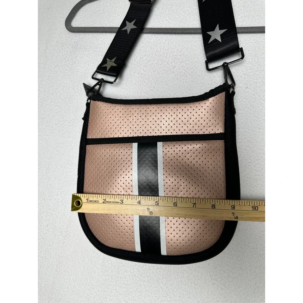 Haute Shore Greyson Neoprene Crossbody Bag Rose Gold Racing Stripe Star Strap